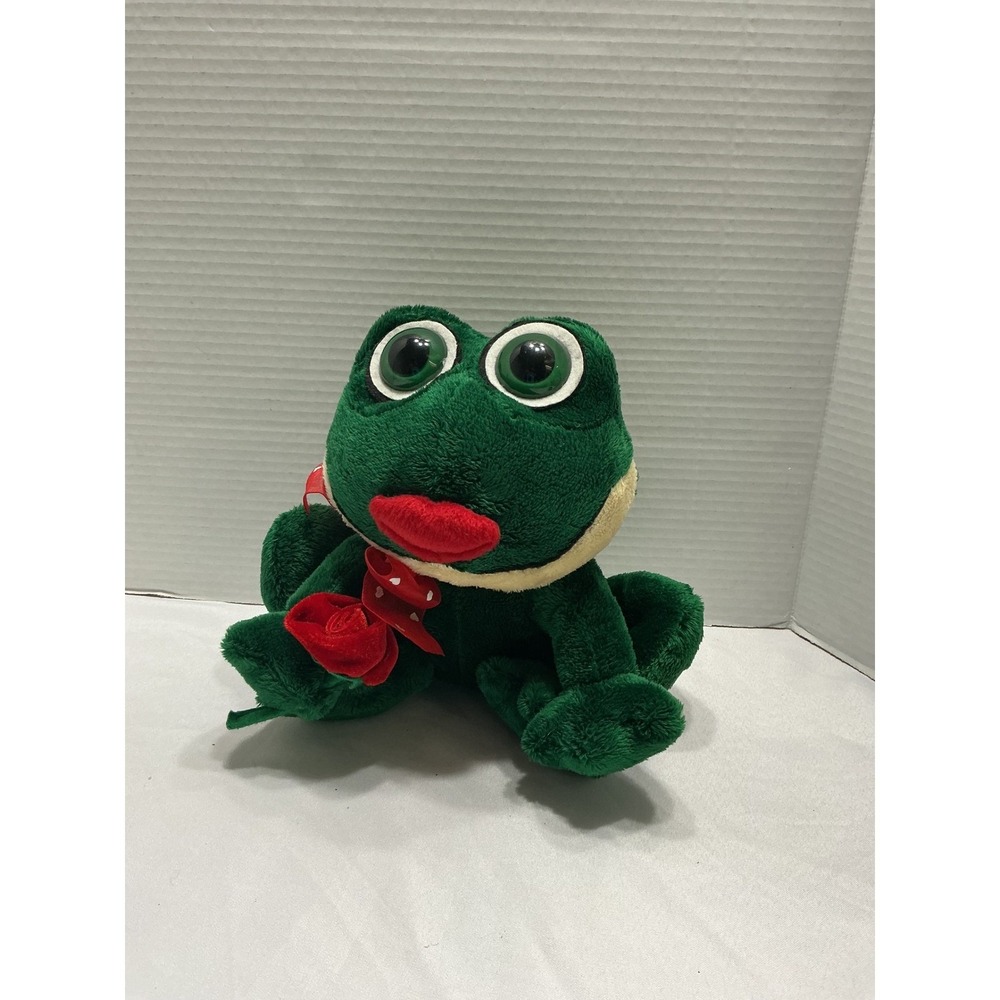 Vintage Green Frog‎ Plush Valentine Red Rose Heart Bow Stuffed Animal 69974